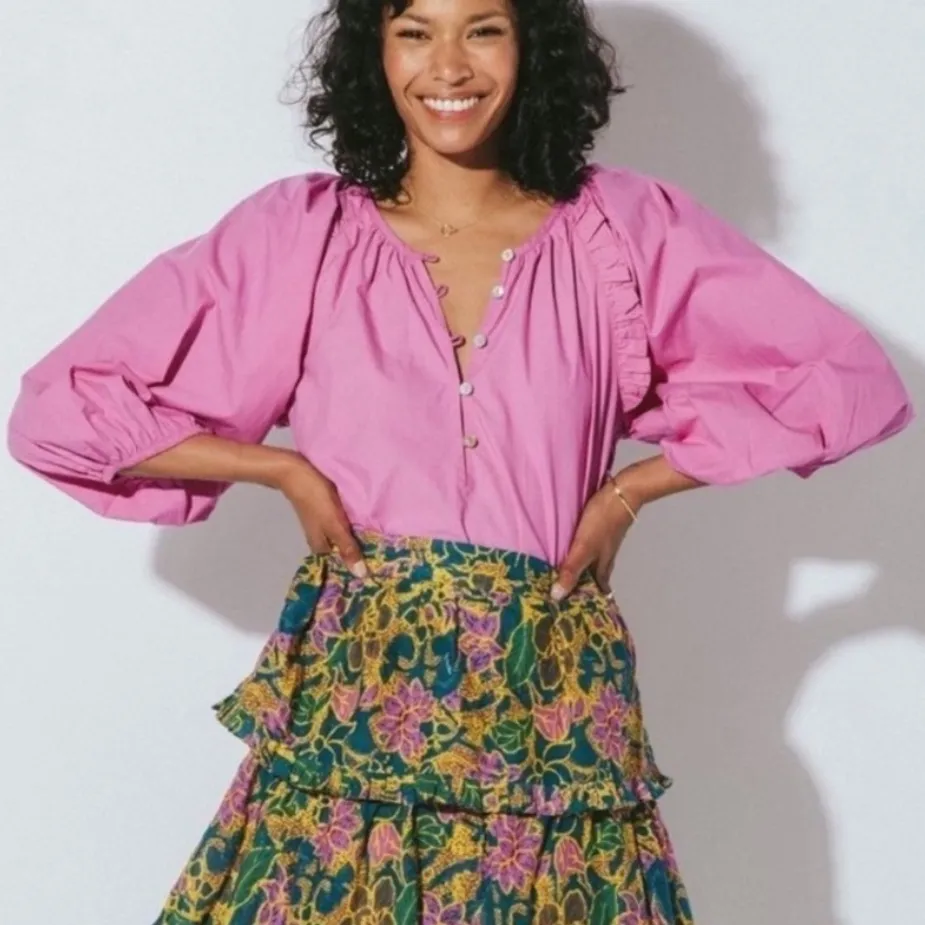 Cleobella Jess Azalea Pink Purple Ruffle Puff Sleeve Button Blouse Size XS - Image 2