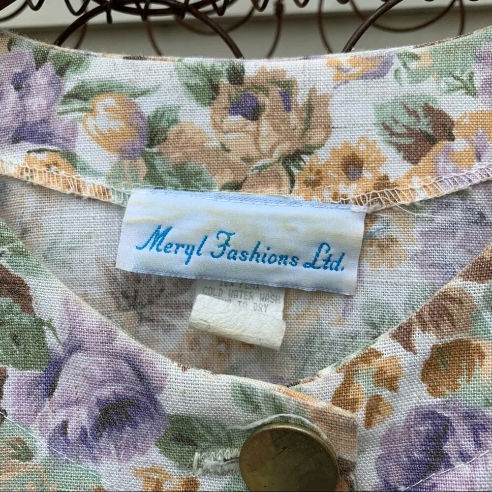 Vintage 80s Meryl Fashions flax blend floral gorpcore shirt dress MEDIUM? Purple - Image 9