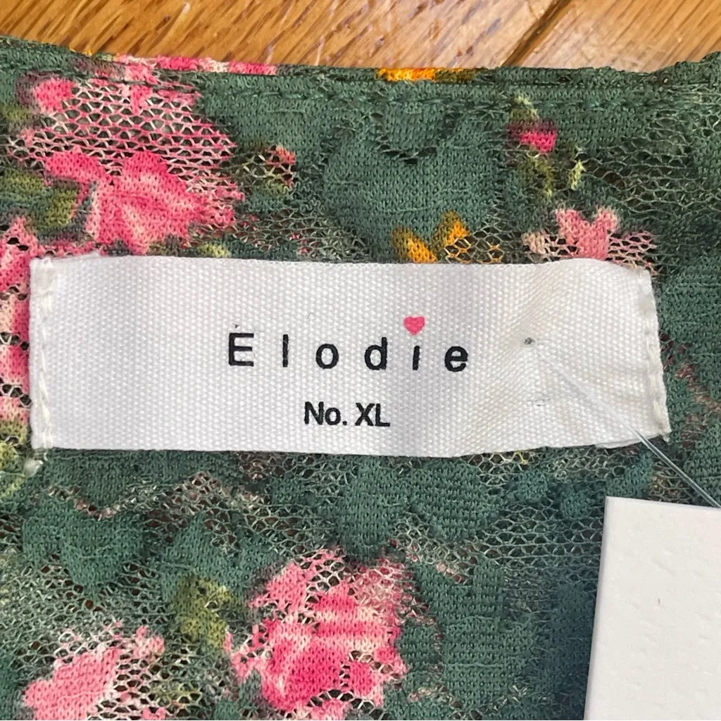 Elodie Floral Ruched Mesh Top XL Green Pink Sweetheart Neck Cottagecore village - Image 11