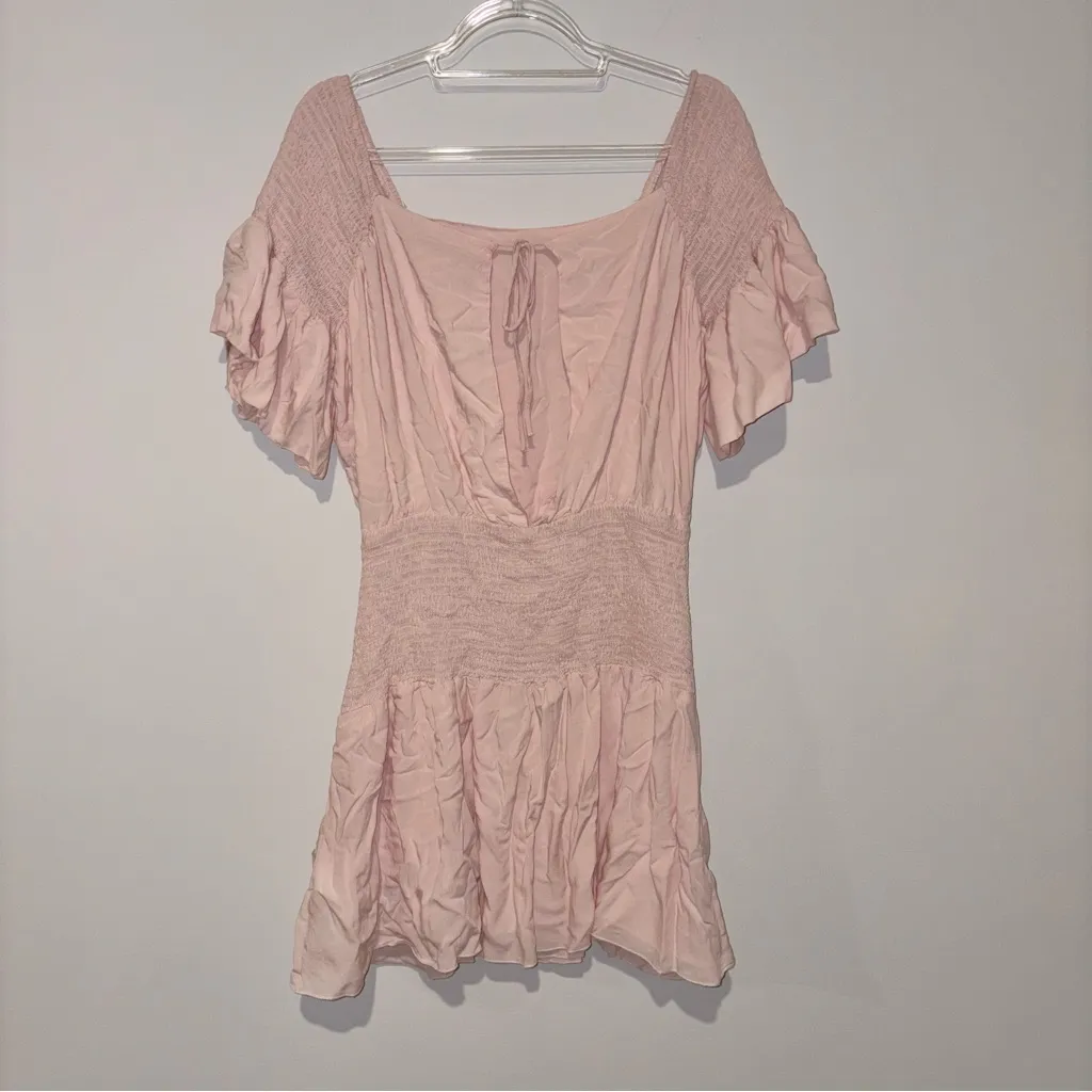 Free People Sam Mini Dress Smocked Butterfly Sleeve Pockets Rose Pink‎ medium - Image 5