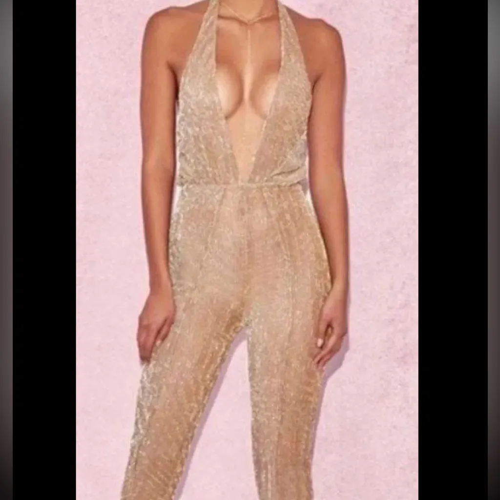 House of CB Gold Glittery Deep V plunge neck jumpsuit - Image 5