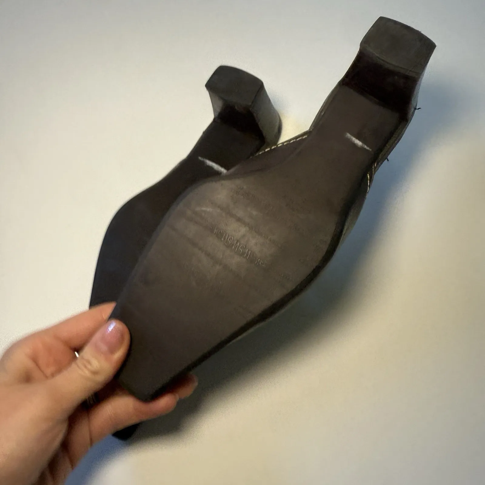 VTG Stuart Weitzman Y2K‎ Grey Leather Square Toe Mule Heels Chain Detail Sz 7 - Image 3