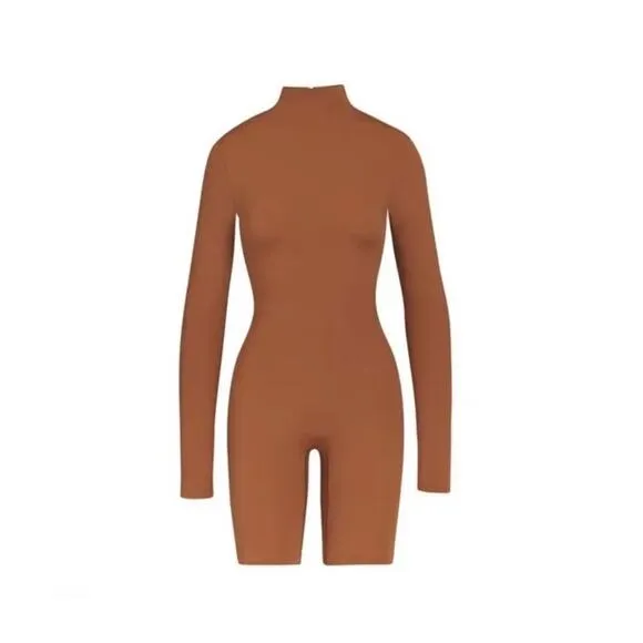 SKIMS Size Small ALL-IN-ONE LONG SLEEVE MID THIGH ONESIE CARAMEL NWT Jumpsuit - Image 2