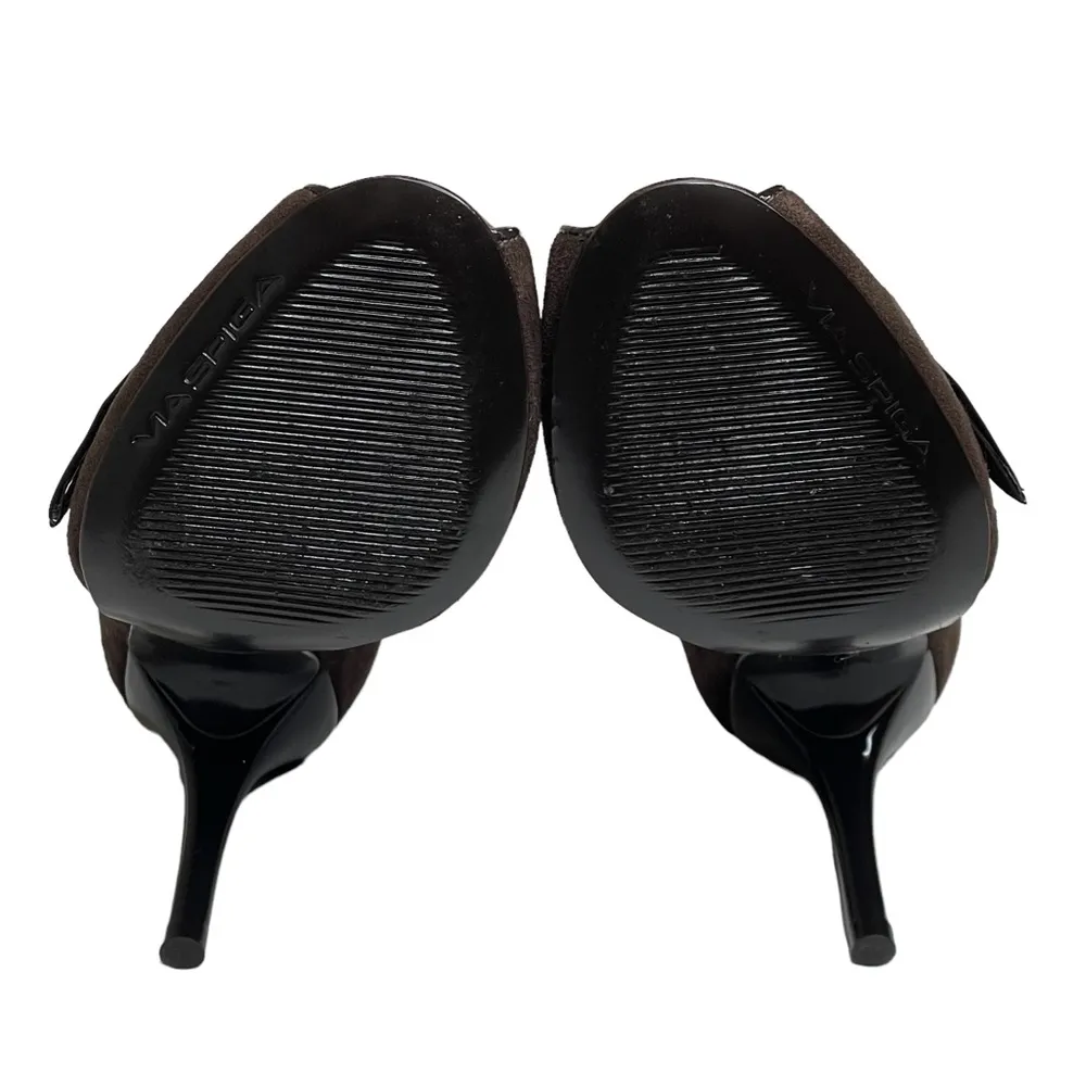 new Via Spiga ❁ Peep Toe Stiletto Heels Pumps ❁ Chocolate Suede + Patent Leather - Image 12