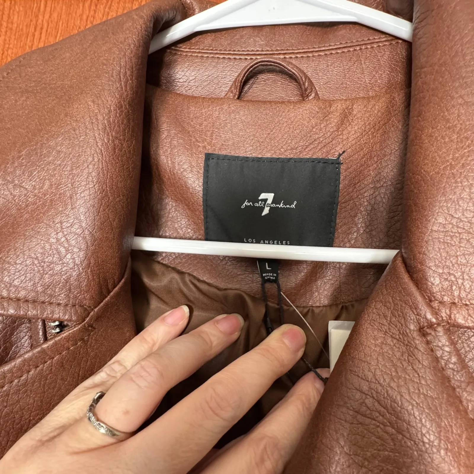 7FAM Faux Leather Moto Jacket Brown Asymmetrical Zip Women L Biker Chic PunkRock - Image 3