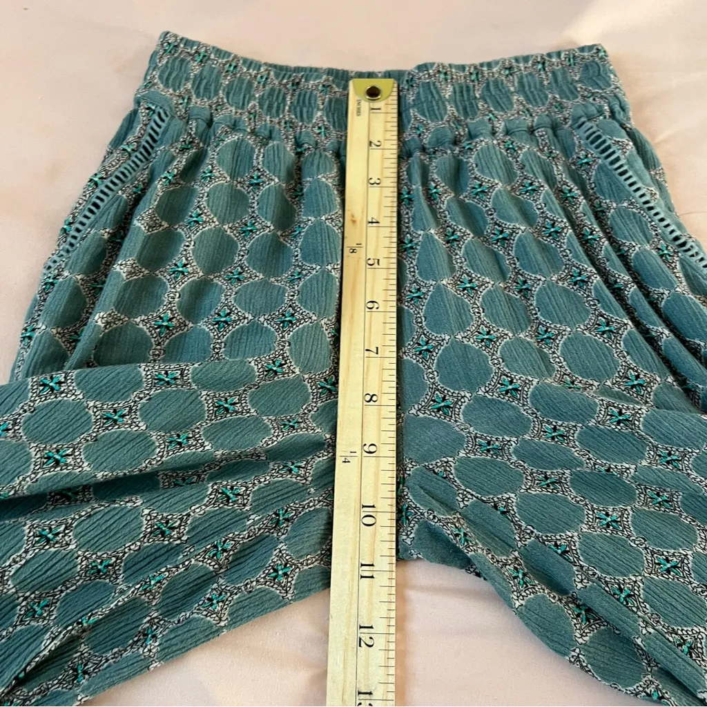 Anthropologie Muted Teal Geometric Patterned Crinkle Rayon Wide Leg Pull On Pant - Image 11