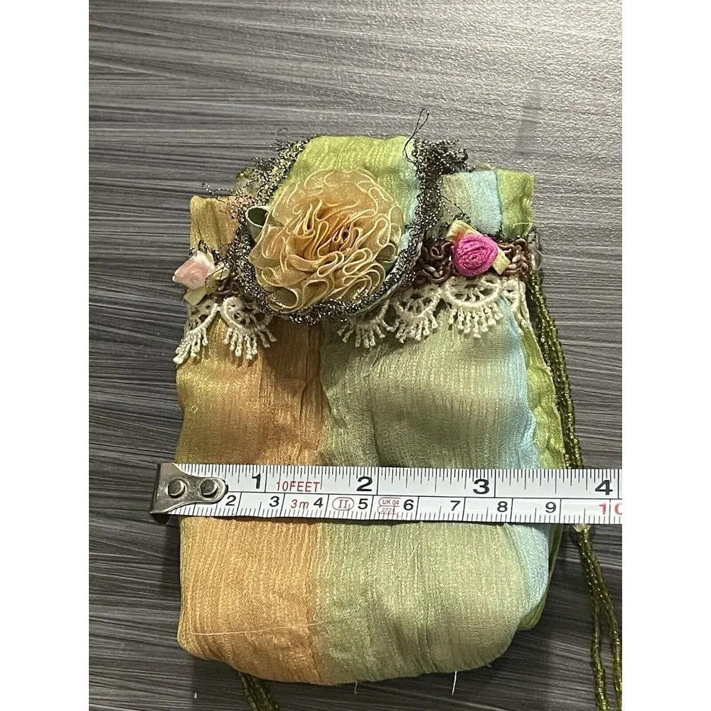 VINTAGE Handmade SILK Small POUCH purse CASE phone GLASSES flowers BEADS OOAK 5" - Image 5