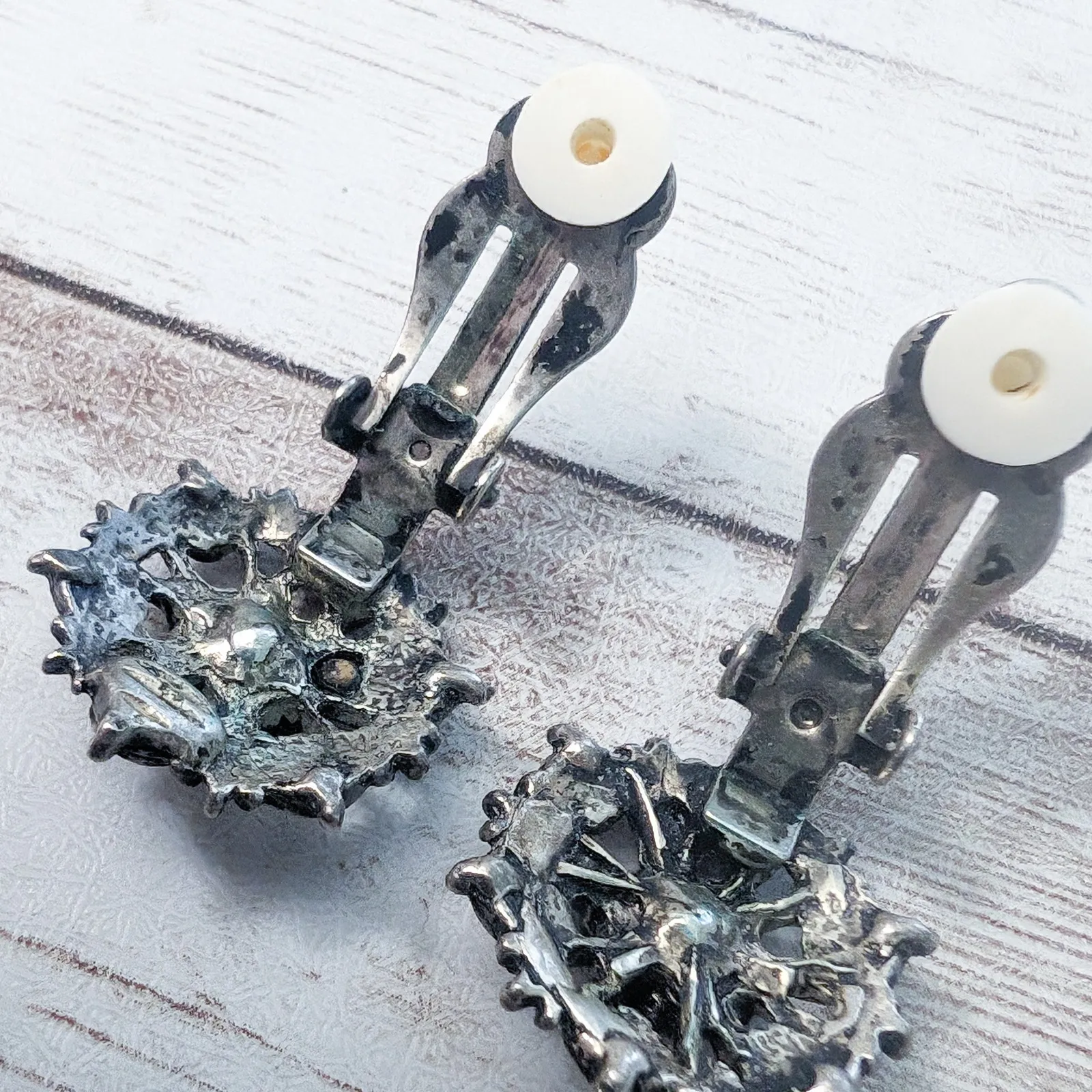 Vintage Clip On Earrings Dark Silver Tone & Clear Gem Ornate - Image 6