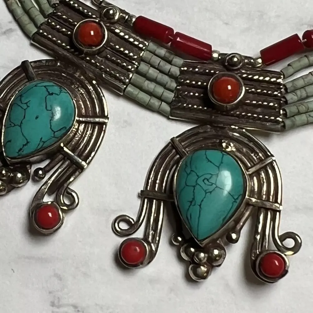 Vintage Turquoise & Coral Sterling Silver Necklace & Earrings Beaded Native - Image 9