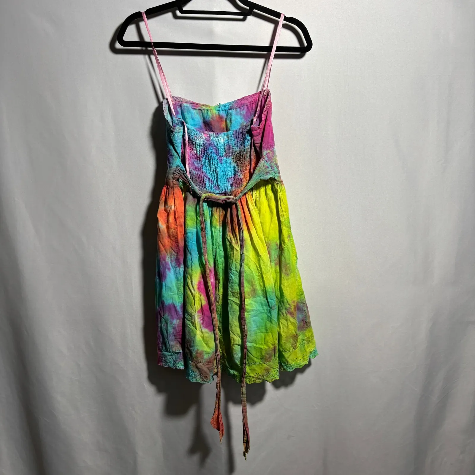 Y2K Tie Dye Babydoll Smocked Mini Dress Spaghetti Straps Hippie Boho Colorful XS - Image 2