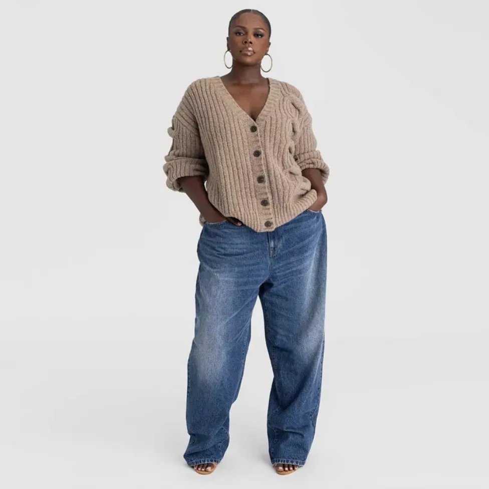 KBB Kahlana Cable Knit Cardigan Women Oversized Button Front Chunky Sweater 1X Tan - Image 3