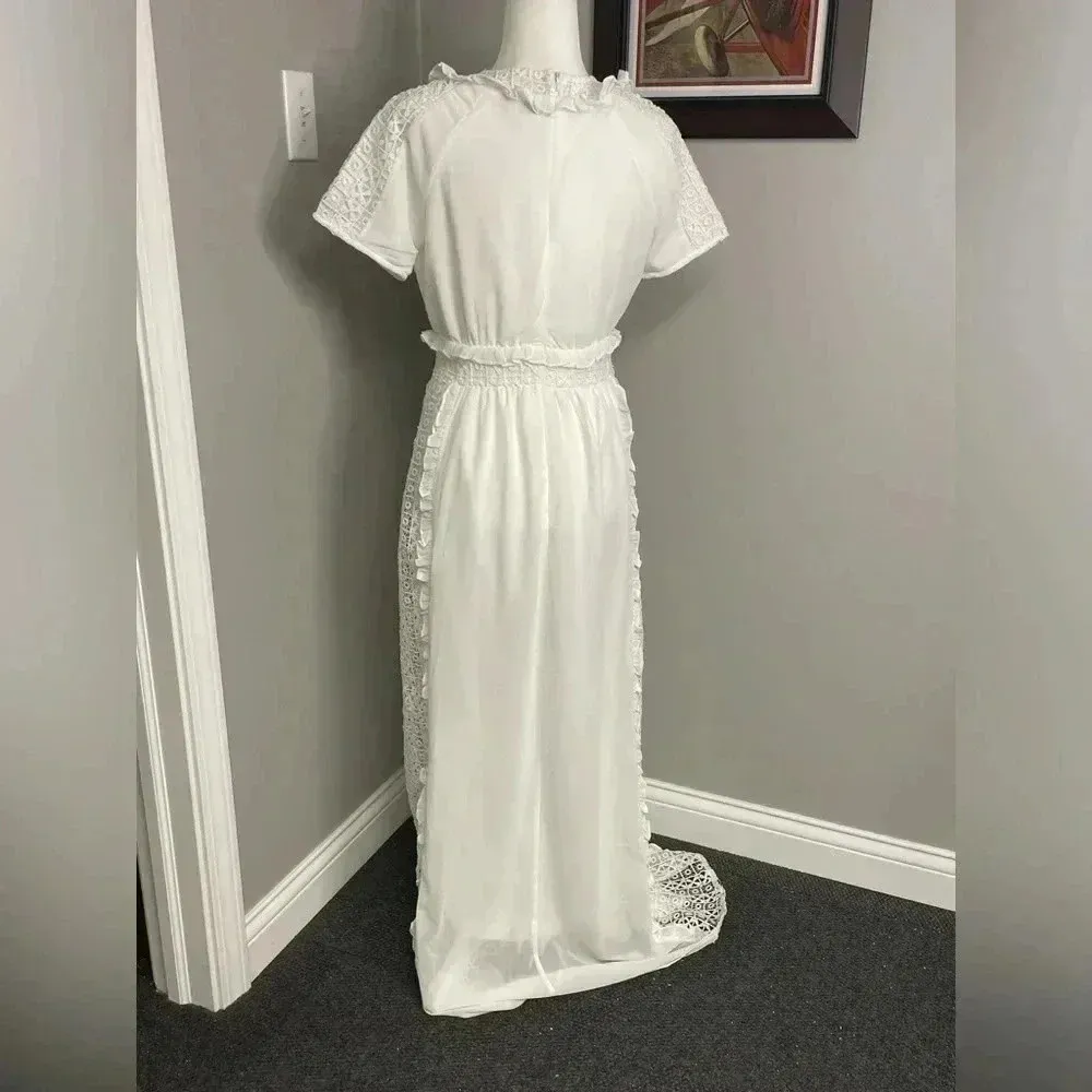 Ivy City Co Whimsical White Tiered Lace Dress Medium Wedding Fairy Modest Bridal - Image 5