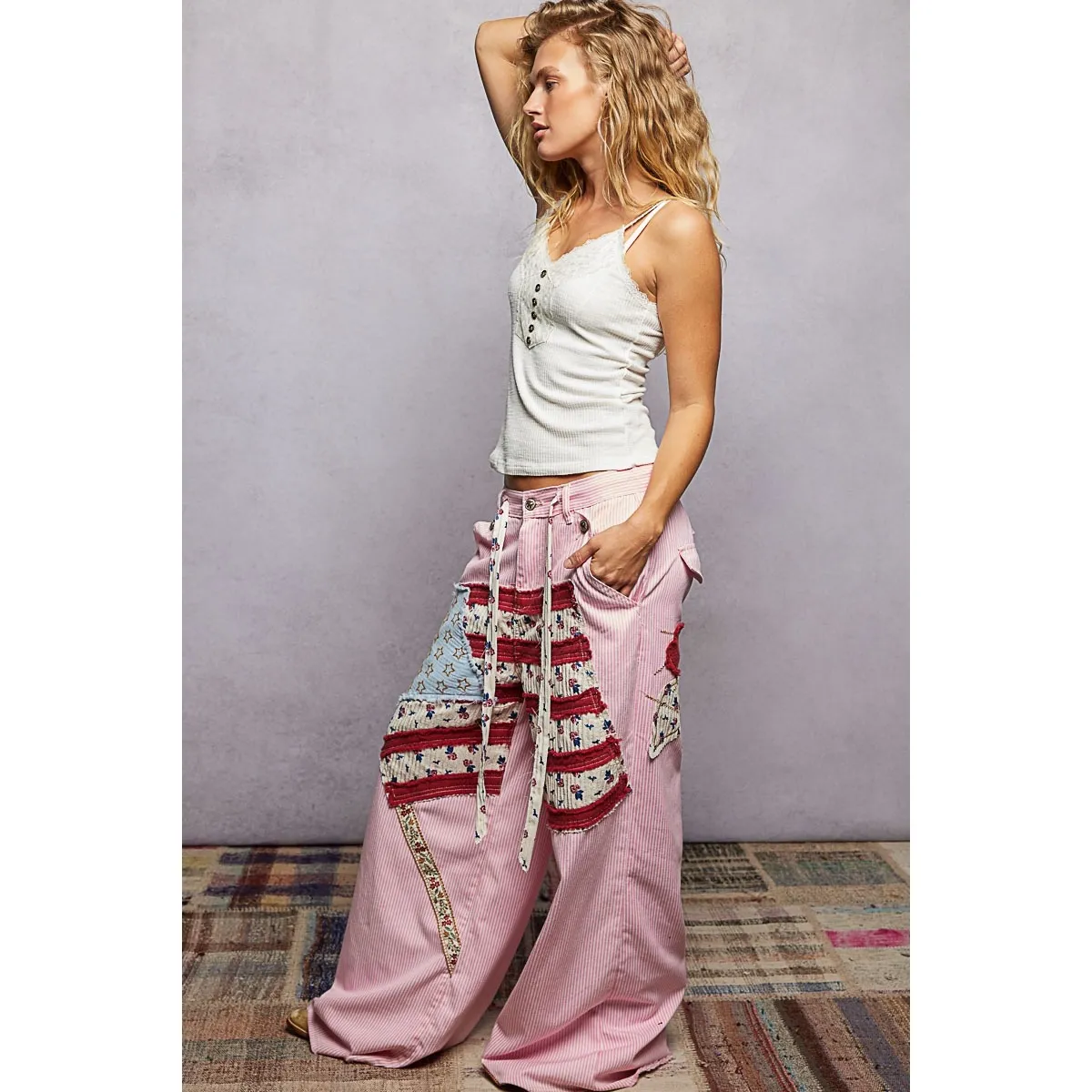 POL American Flag Patch Wide Leg Pink Stripe Jeans Denim Twill SIZE M - Image 5