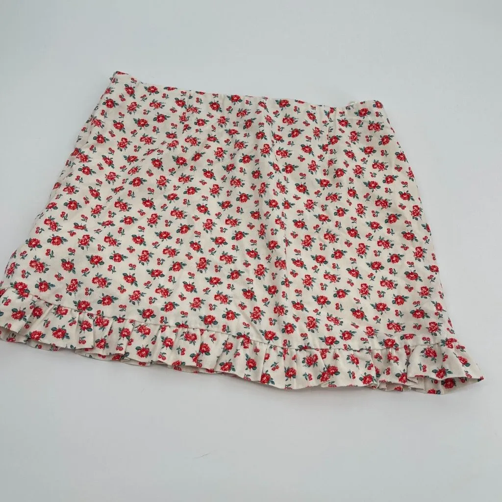 Zara Skirt Medium Womens White Red Floral Lined Ruffle Preppy Zipper Casual New - Image 5
