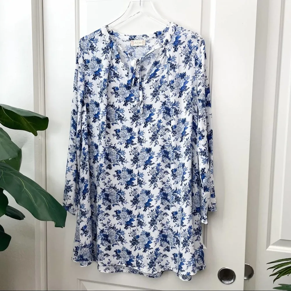 Altar’d State Floral Bell Sleeve Dress Bohemian White Blue Long Sleeve S - Image 13