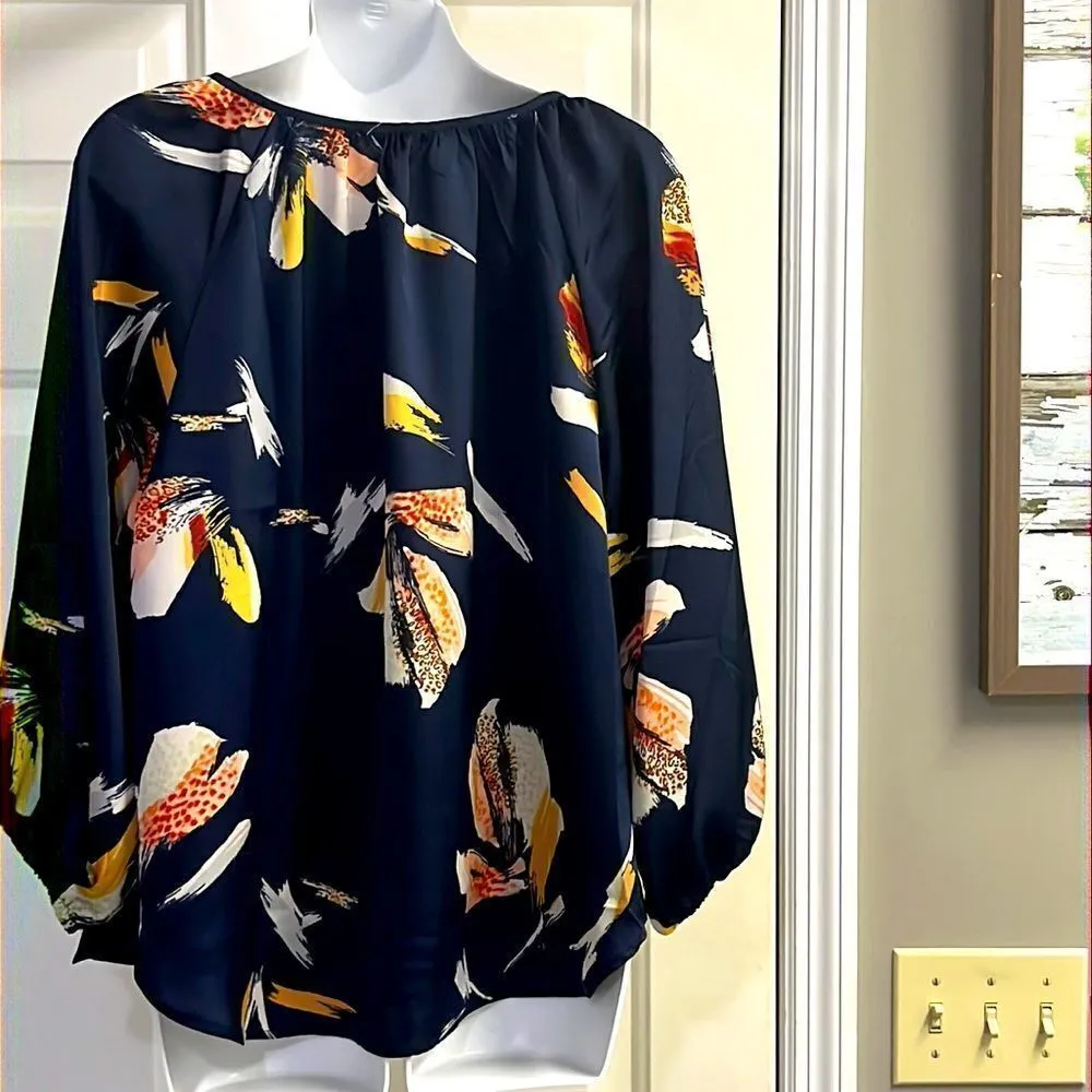 Lovestitch Navy Floral with Tassel Keyhole Tie and Elastic 3/4 Sleeves- Medium - Image 7