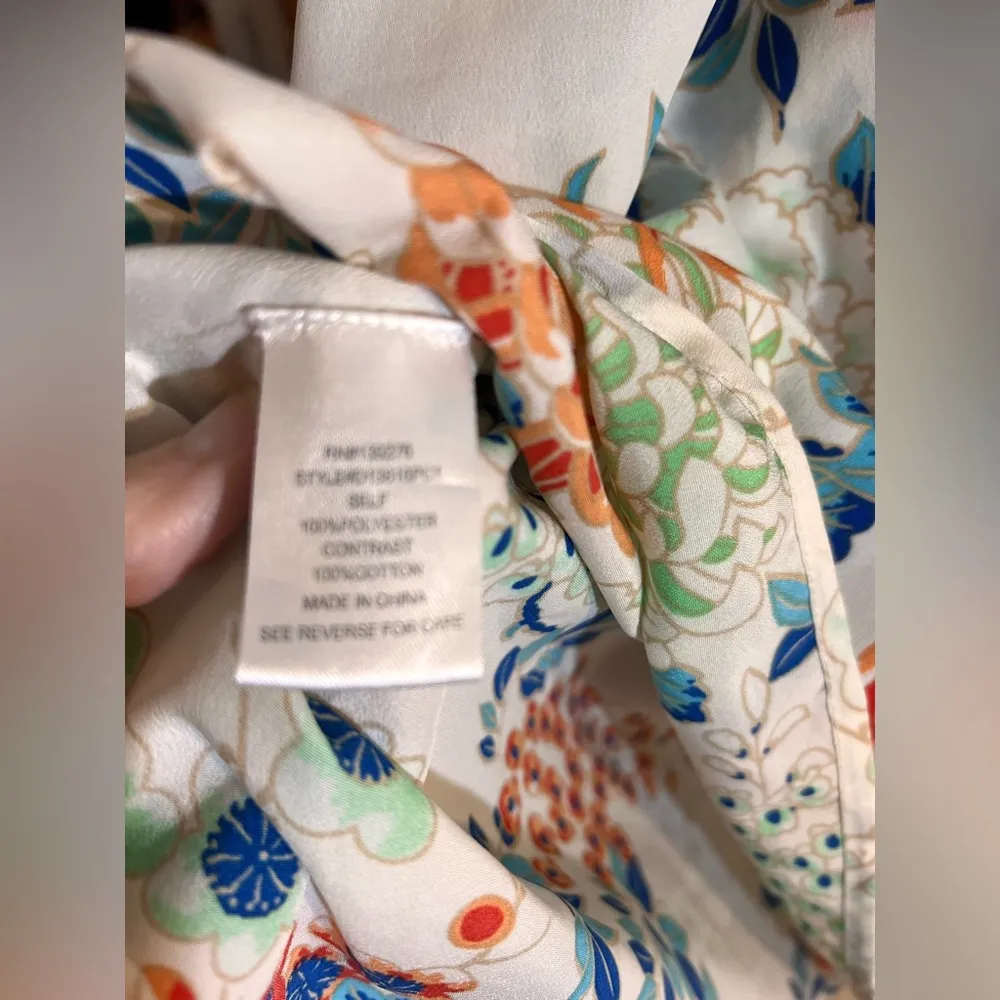 Daniel Rainn Orange and Blue Asymmetrical Cap Sleeve Blouse w crochet accents - Image 10