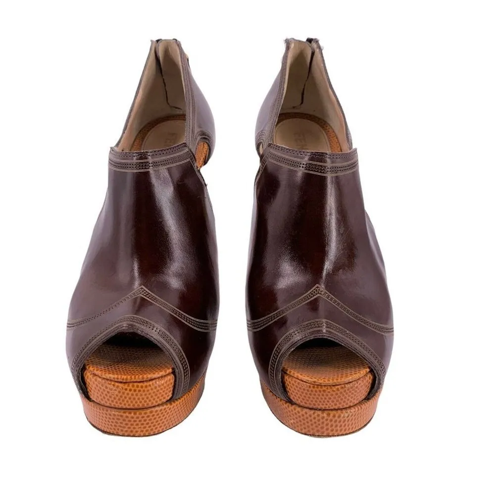 FENDI Brown Leather Karung Platform Peep Toe Pumps Size 36 Booties - Image 4
