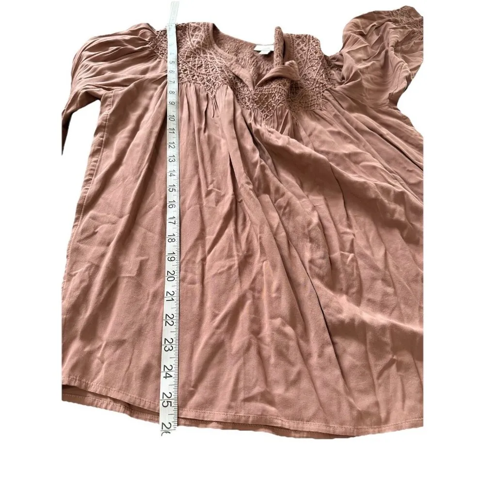 J Jill Clay Brown Smocked Split Neck Viscose Peasant Balloon Sleeve Shirt Top M - Image 8