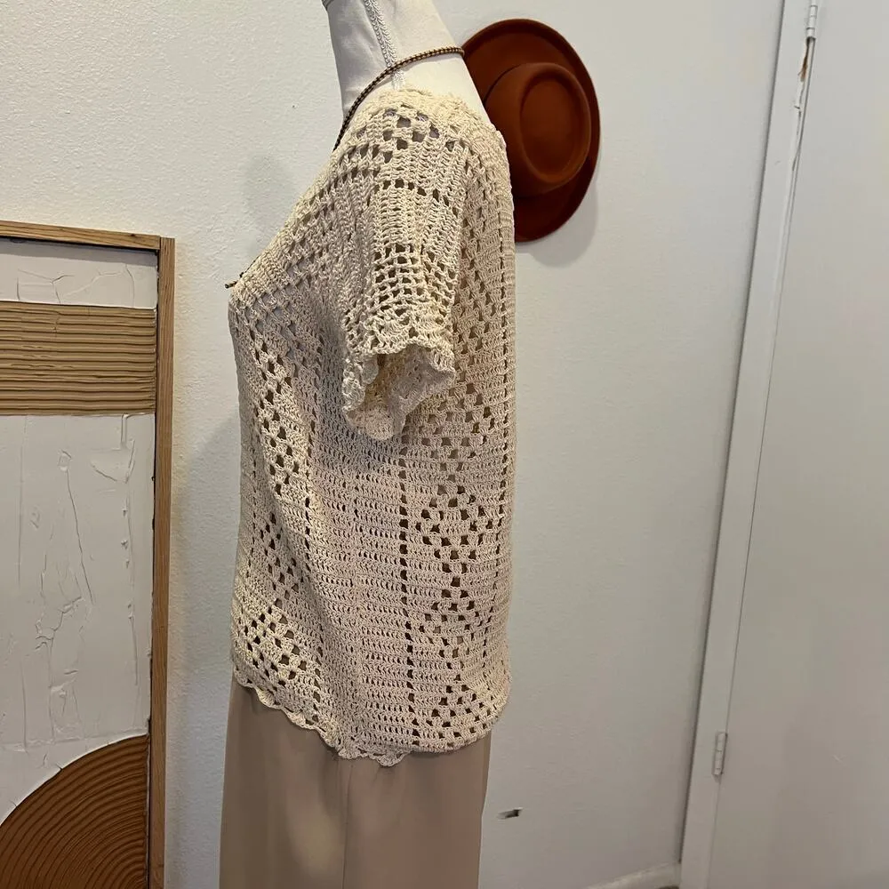 Handmade 70s Woven Cream Short Sleeve Indie Semi Sheer Crocheted Top - Image 5