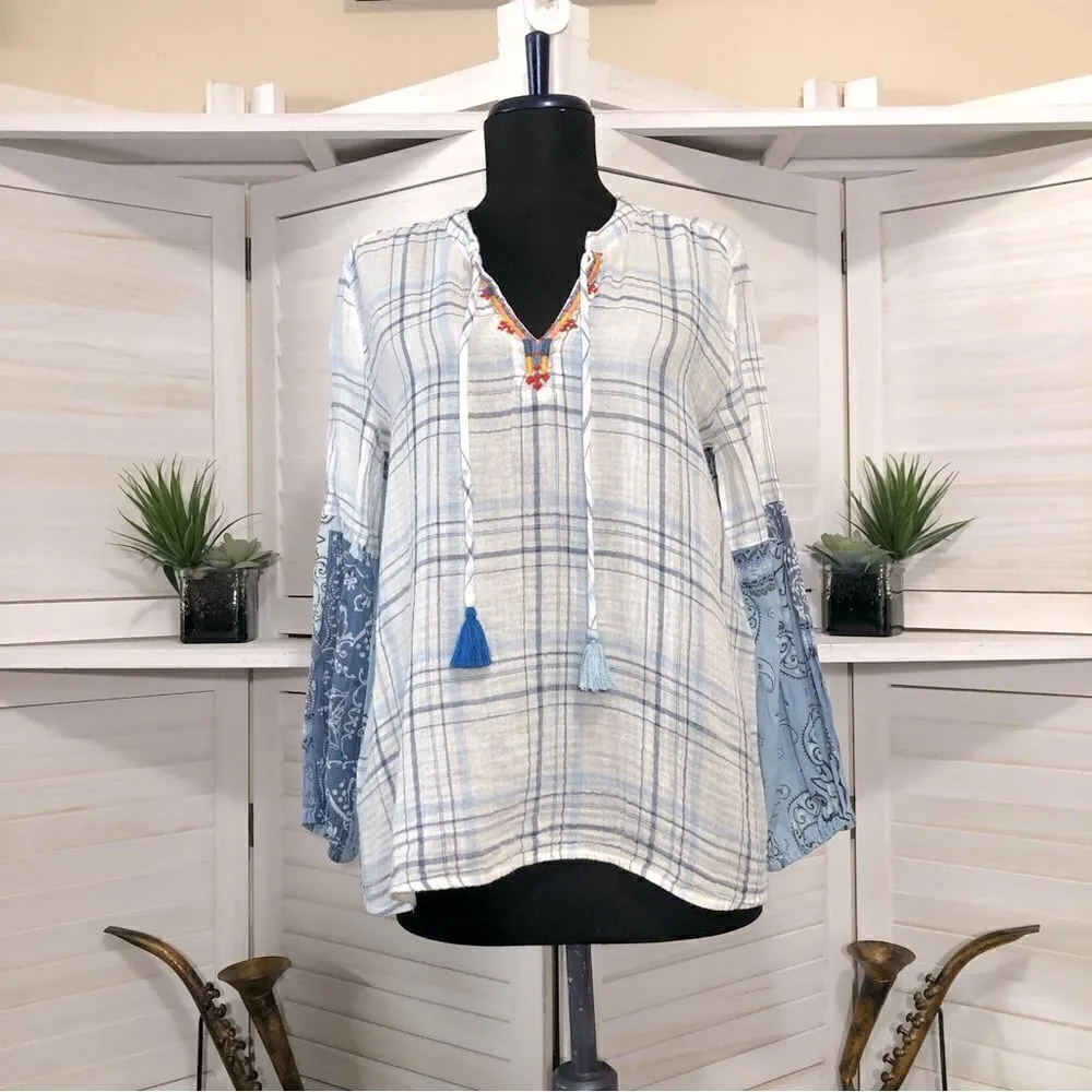 Johnny Was White Blue Paisley boho Gauze oversized Blouse ballooned sleeves XXS - Image 2