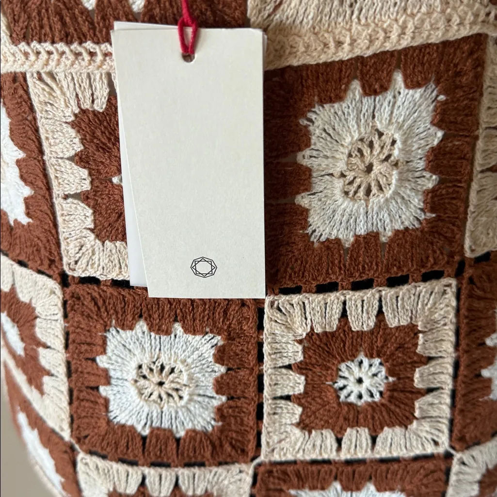 NWT SOLITAIRE Crochet Granny Square Midi Dress Brown Cream Small - Image 7