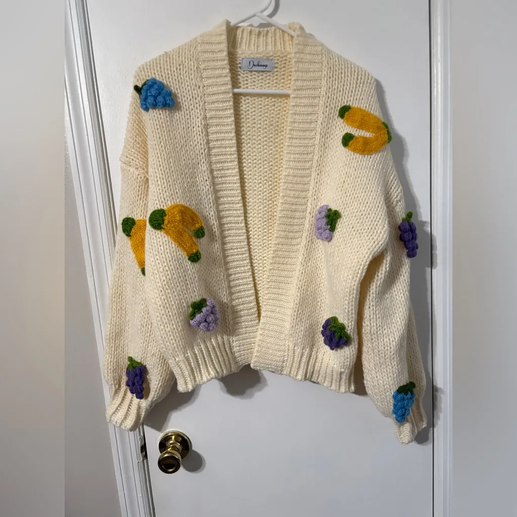 Anthropologie Duchamp Cream 3D Embroidery Knit Fruit Chucky Cardigan One size Purple - Image 5