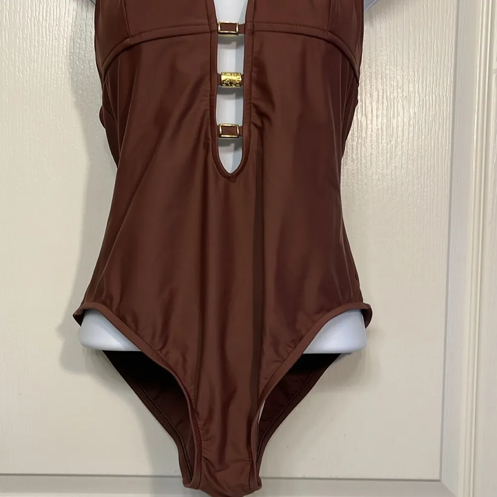 ABS by Allen Schwartz Brown Plunge V-Neck Swimsuit Size 12 EUC #2453 - Image 3