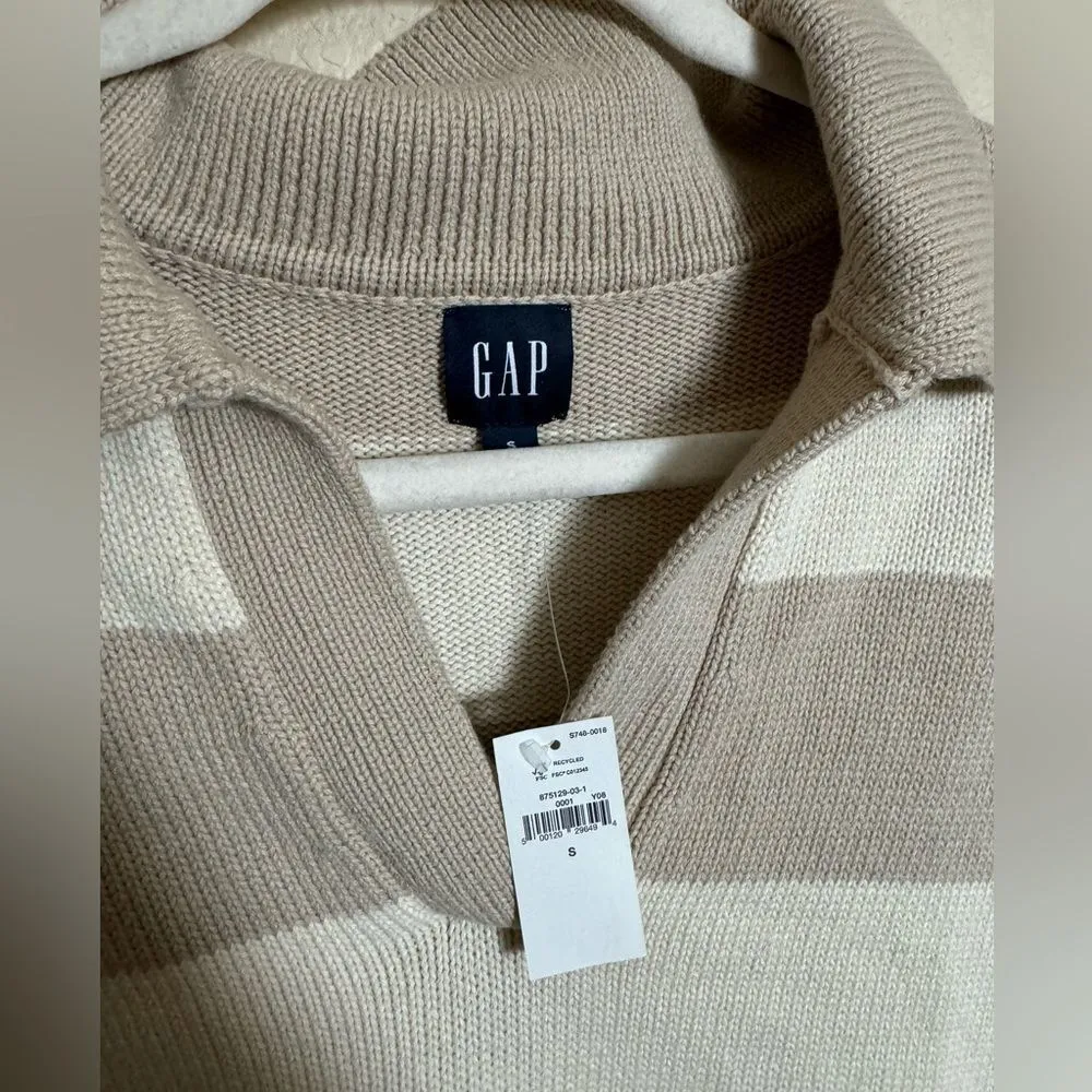GAP 24/7 Split Hem Knit‎ Polo Sweater Size Small in Cream Rugby Stripe NEW - Image 4