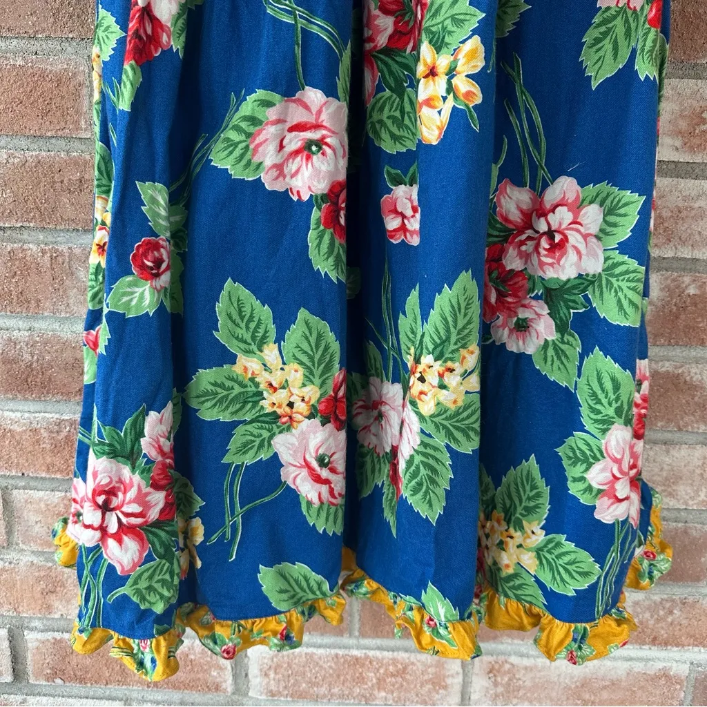 Vintage Mousefeathers Small Floral Ruffle Midi Dress 80s Floral Bib Whimsical Blue - Image 9