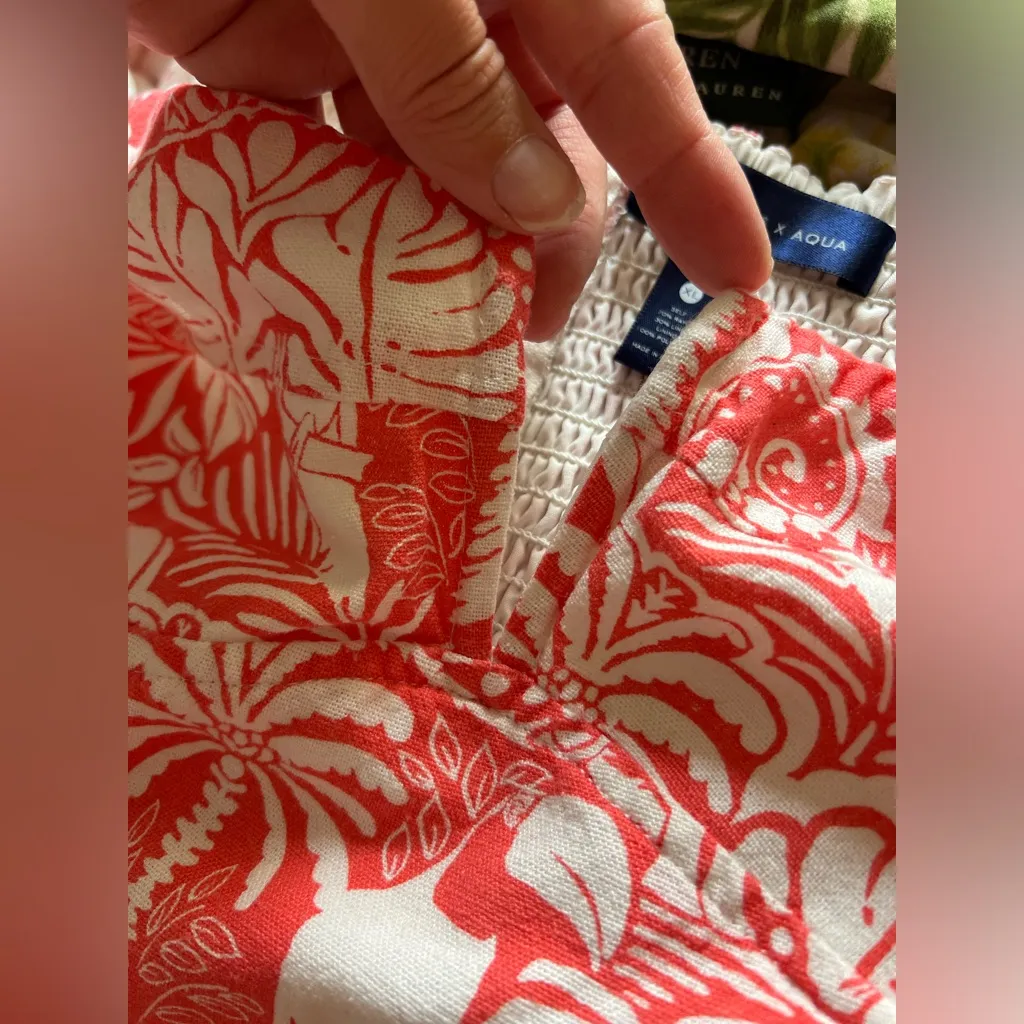 The White Lotus x AQUA toile Printed Puff Sleeve Mini Coral Dress XL linen blend - Image 4