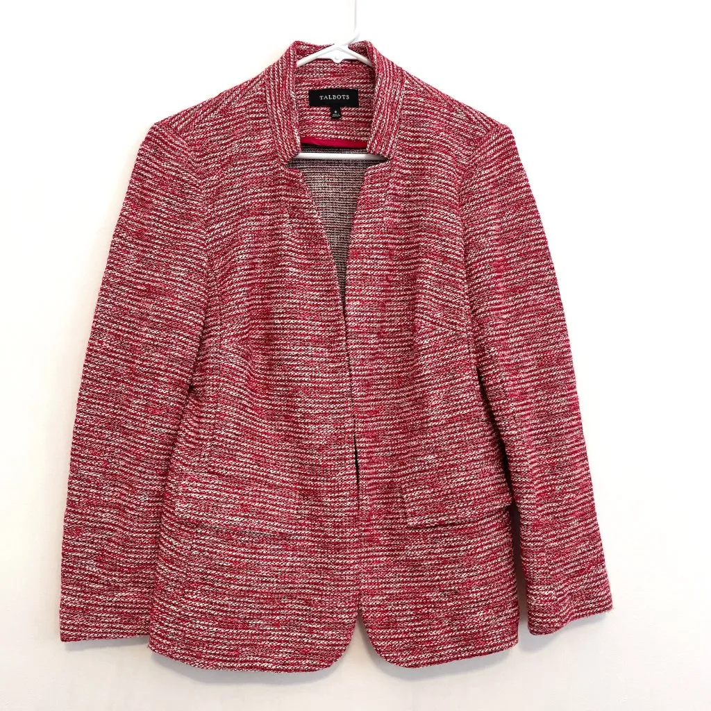 Talbots  Berkeley Tweed Knit Jacket Red White Black Textured Notch Neck Blazer 8 - Image 2
