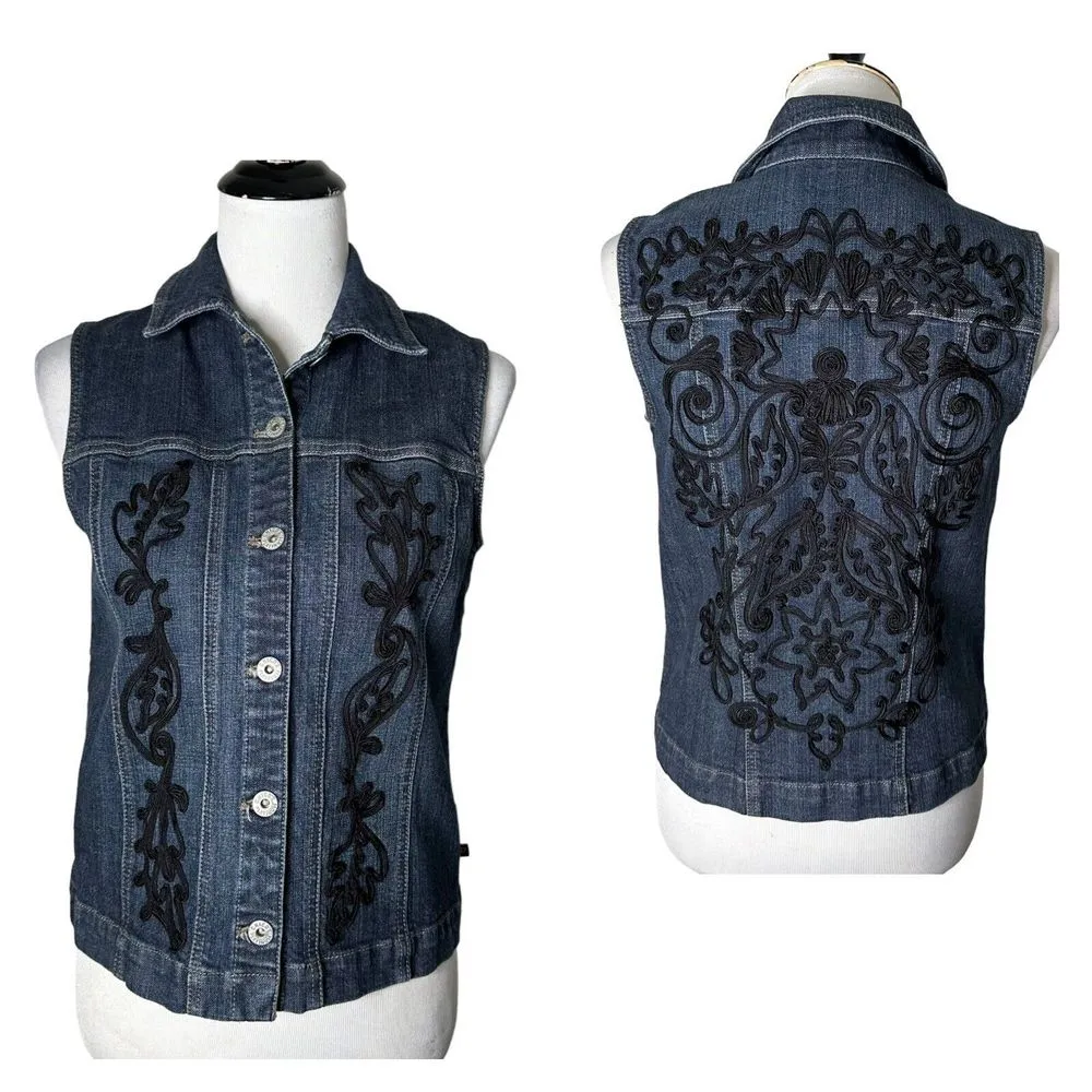 Chico's BOHO Western Denim Vest Jacket‎ Size S Blue Embroidered Festival Buttons - Image 2