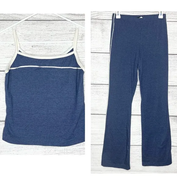Yoga Workout Fitness Outfit Tank Top & Pants Size Medium/Large Blue & White - Image 2