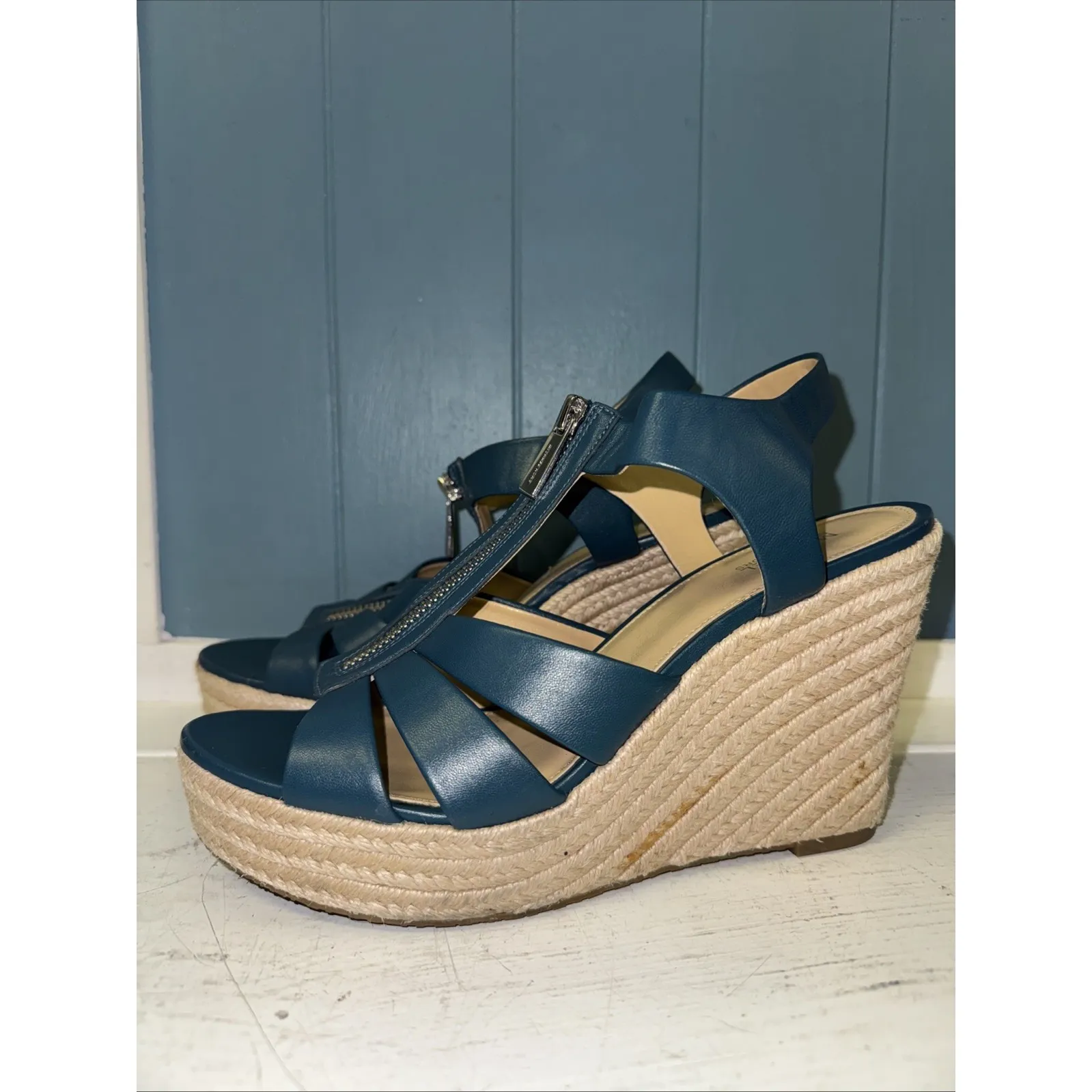 MICHAEL KORS Berkley TEAL Wedge Platform Sandal W/ Zipper Espadrilles Women's 9‎ - Image 2