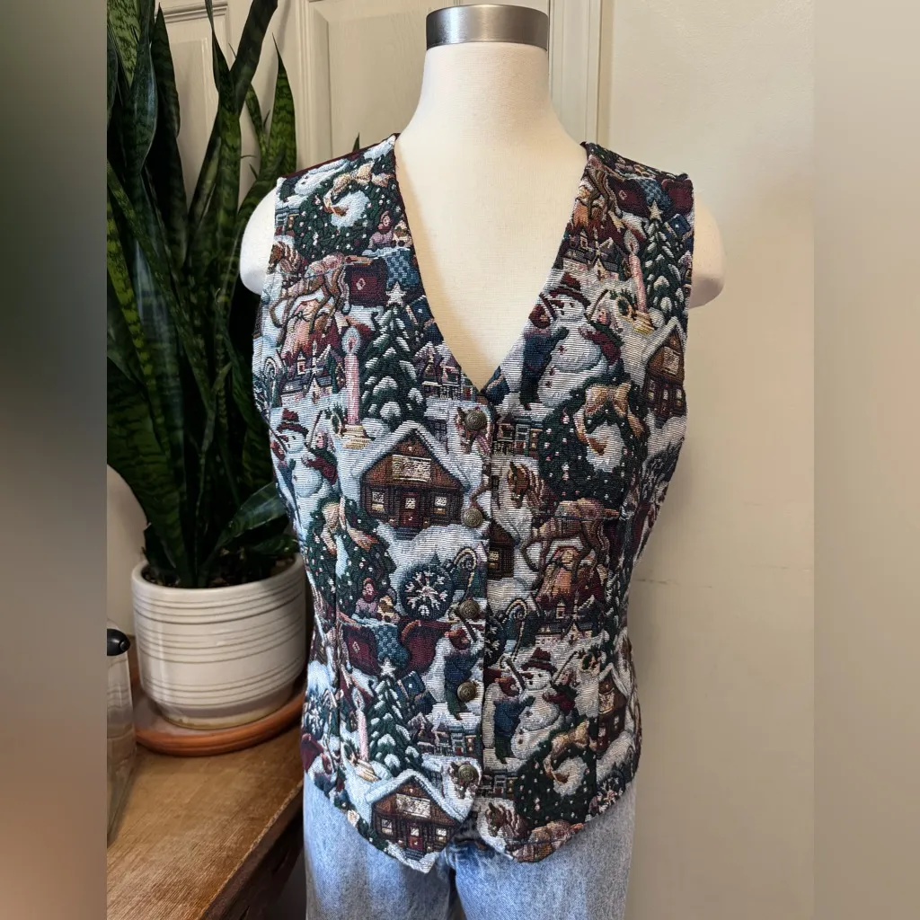 Vintage Christmas Tapestry Vest Winter Scene XL 90s Red - Image 11