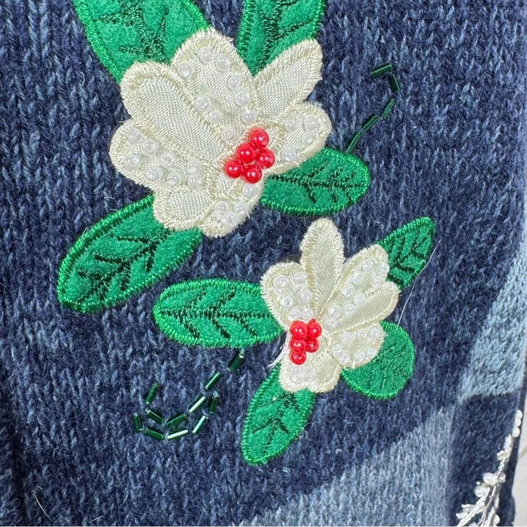 DressBarn Vintage Embroidered Beaded Christmas Sweater Cardigan Blue Large‎ - Image 6