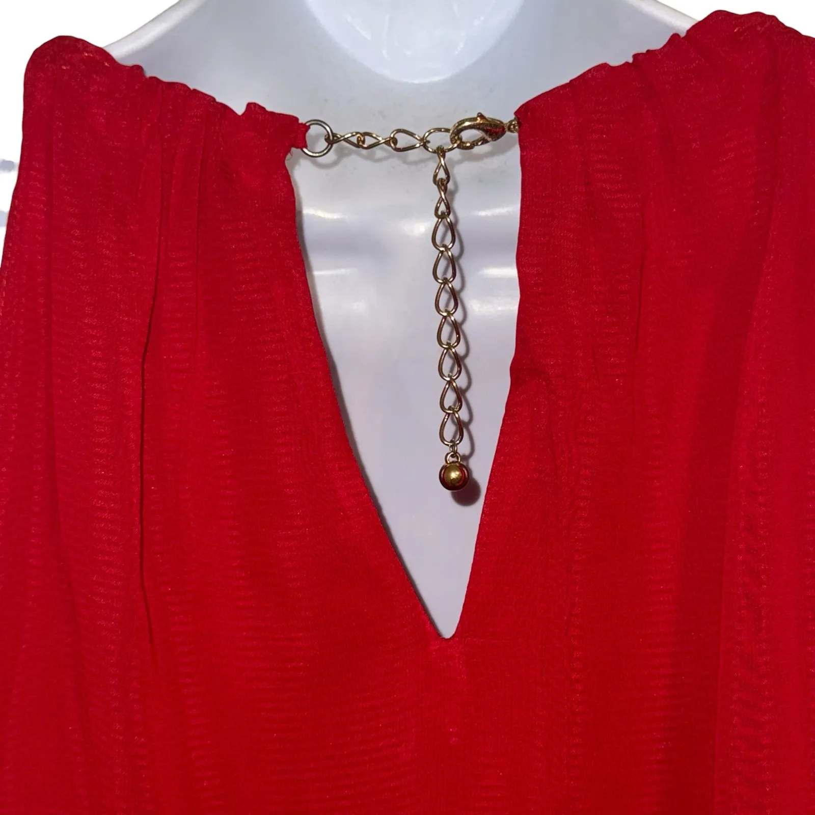 CACHE Lipstick Red Gold Chain Halter Ruffle Sleeveless Blouse EUC Size Medium - Image 6