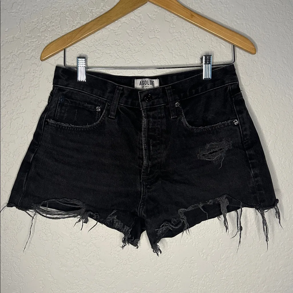 AGOLDE Parker Distressed Cutoff Denim Shorts Size 27 Zero Black Wash - Image 3