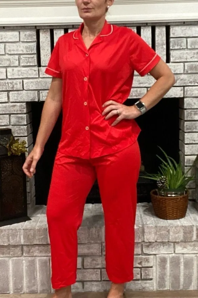 Vintage 70s Lorraine Candy Apple Red Lingerie Pajama Medium Top Pants PJs Nylon - Image 1