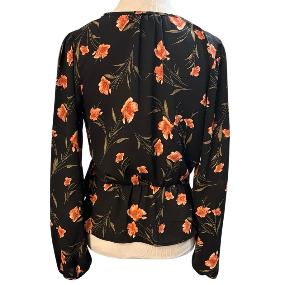 Sienna Sky Floral Faux Wrap Blouse Black Orange Peplum Long Sleeve Top Size XS - Image 3