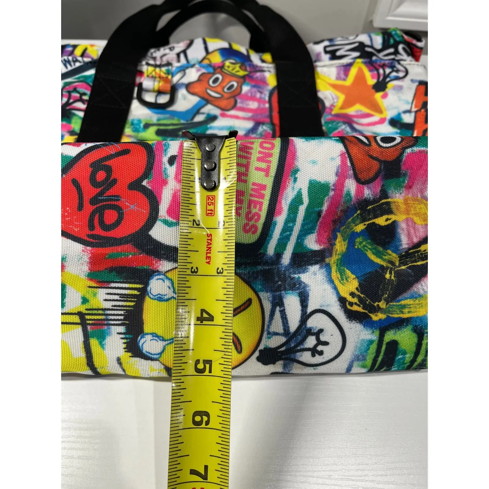 IScream Tote Bag Emoji Graffiti Print Zip Top Canvas Casual Everyday Carry All White - Image 9