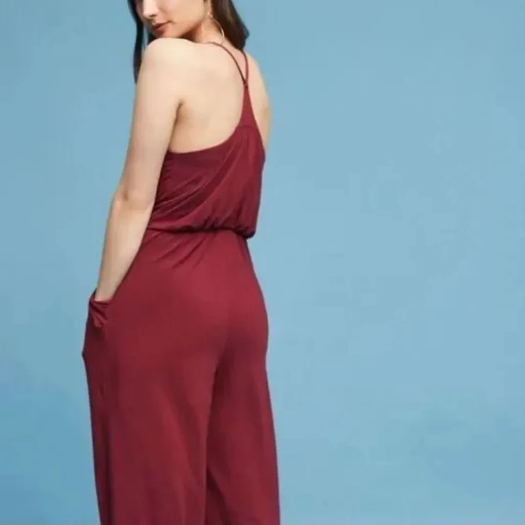 Moulinette Soeurs Anthro Burgundy Willa Jersey Knit Wide Leg Tie Front Jumpsuit - Image 3