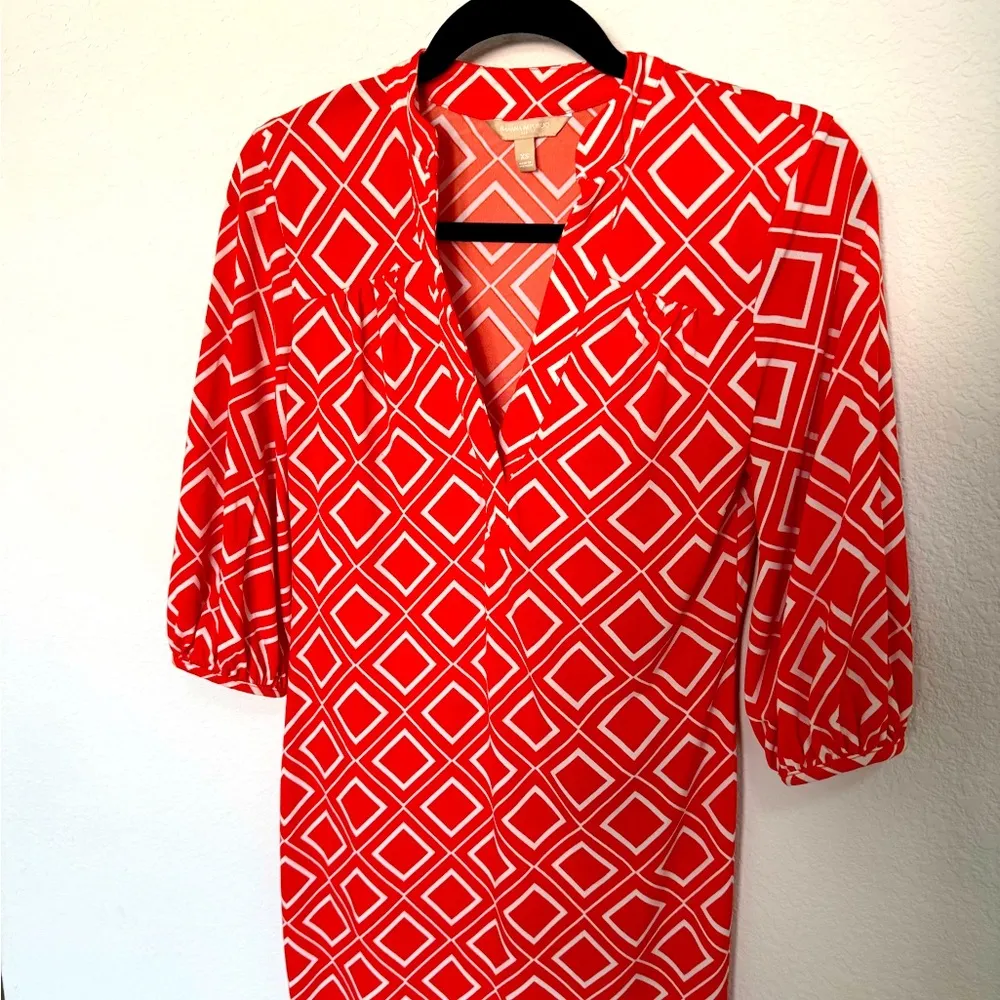 Banana Republic 3/4 Sleeve Midi Dress Orange-Red White Geometric Print XS - Image 3