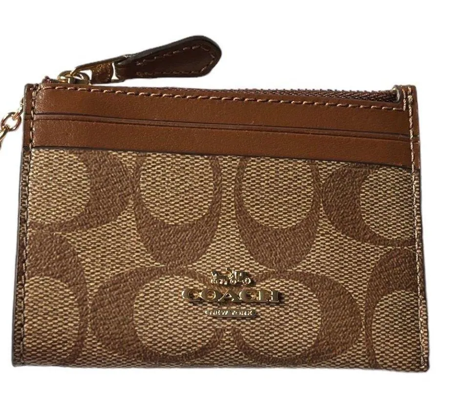 Signature Logo Credit Card Wallet Change Purse Keychain Tan Brown - Image 3