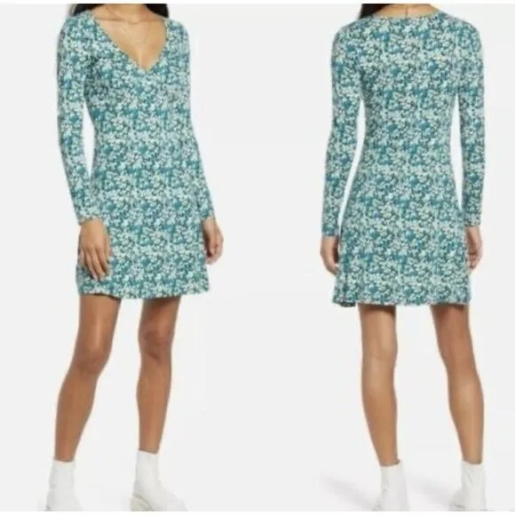 NWT bp Green Floral Knit Long Sleeve V-Neck Sustainable Dress - Size: XXS - Image 2