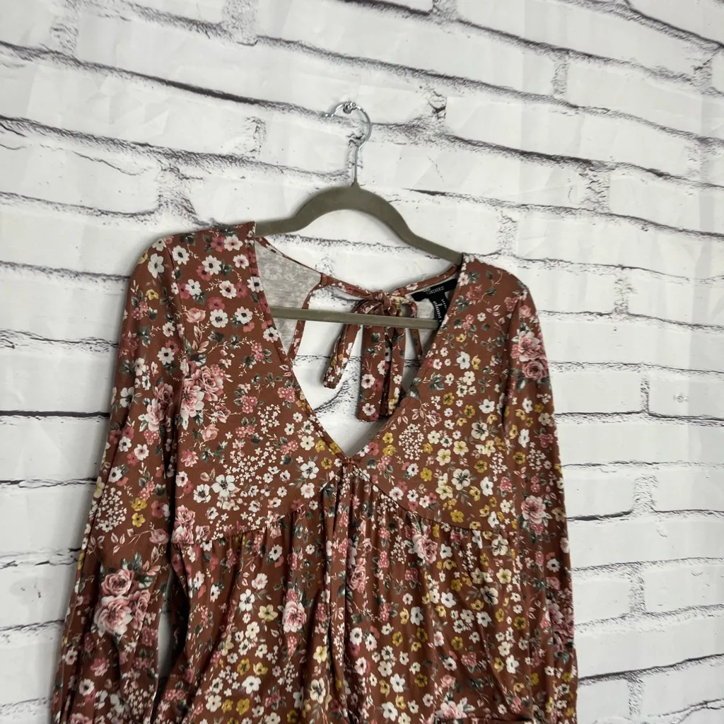 Forever 21 Brown Floral Boho Blouse Women’s M Long Sleeve Tie Back Peasant Top - Image 3