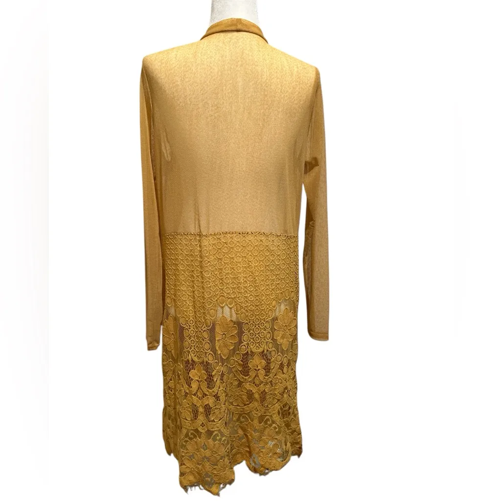 EMBER MESH LACE KIMONO MUSTARD YELLOW FLORAL EYELASH FRINGE DUSTER Gold Size L - Image 4
