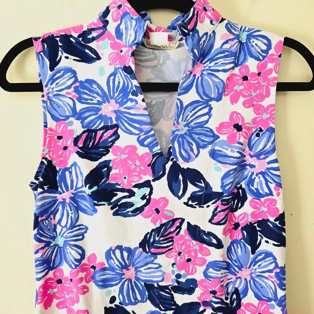 Mahi Gold Schooner Dress Spring Fling Floral Print Blue Pink Women's Size XS - Image 4