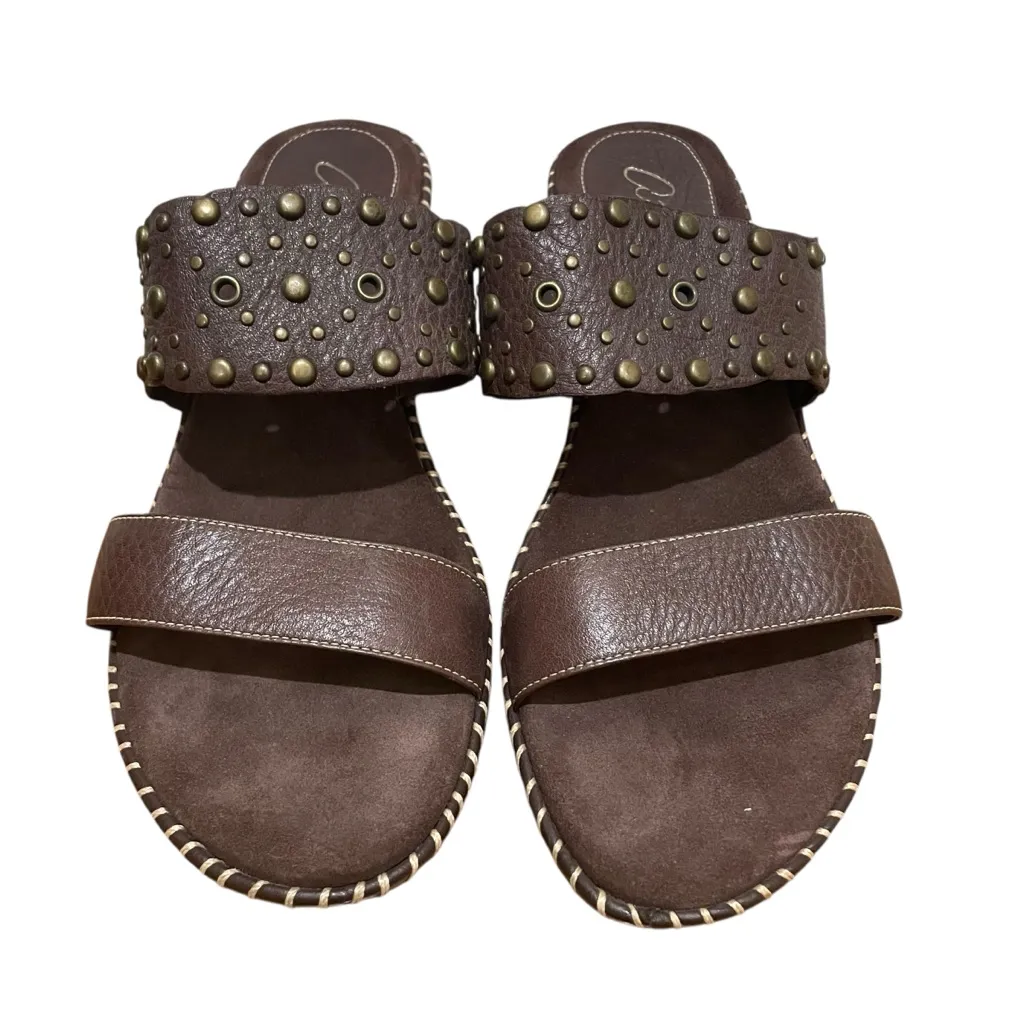 Arturo Chiang Patty Leather Studded Platform Slide Wedge Sandals Brown Women 11M - Image 4